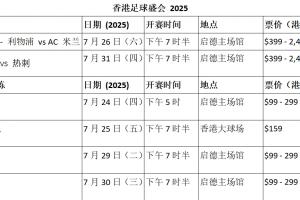 中国香港足球盛会2025门票开售：利物浦vsAC米兰及北伦敦德比票价低至港币399元