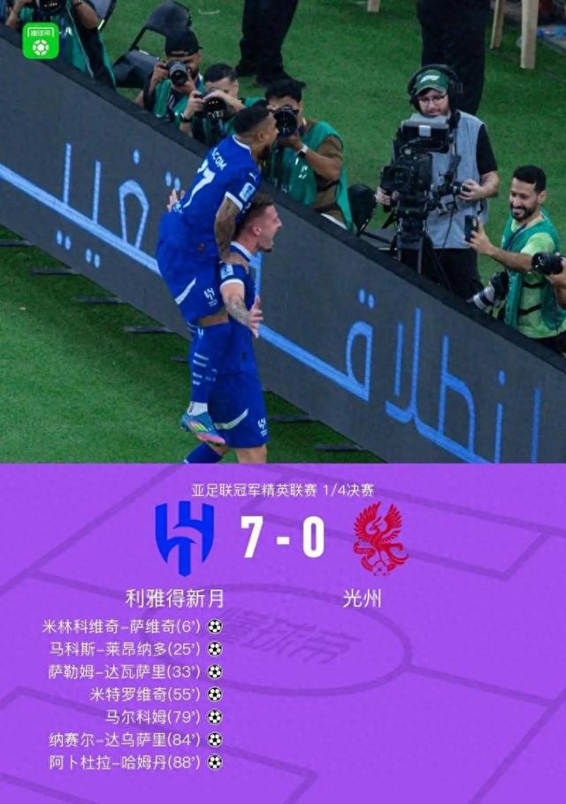 亚冠精英联赛利雅得新月7-0大胜光州FC，豪华阵容展现统治力