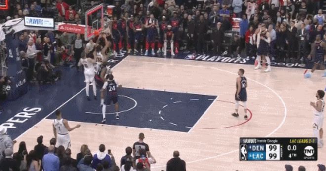 NBA季后赛快船VS掘金：极致6人轮换掘金险胜 冲突不断比赛激烈