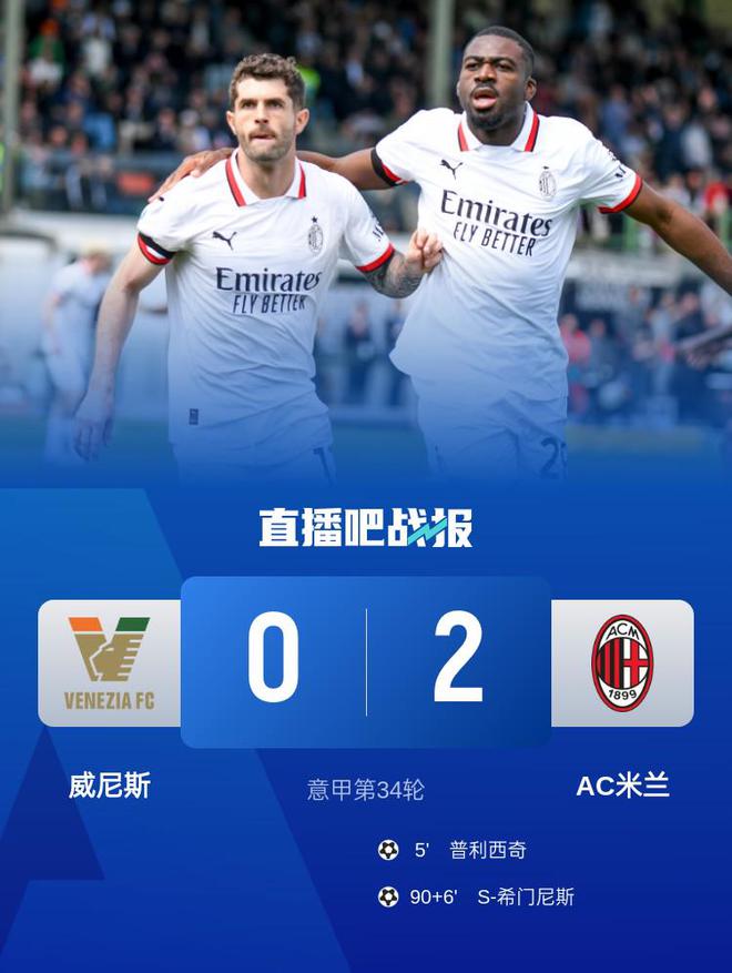 4月27日18:30意甲第34轮AC米兰客胜威尼斯，距欧冠区6分